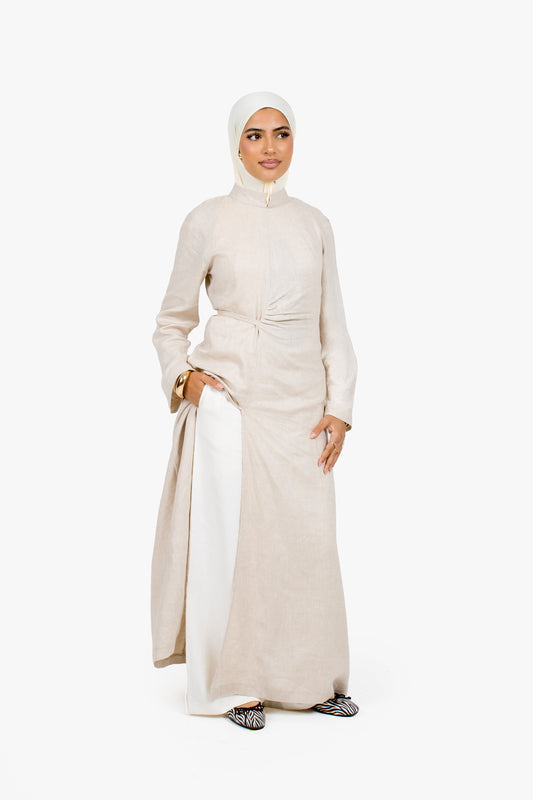 Stone Beige Linen Cotton Ruched Slit Dress