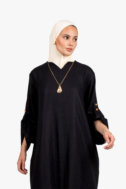 Black Linen Cotton Button Sleeve Abaya