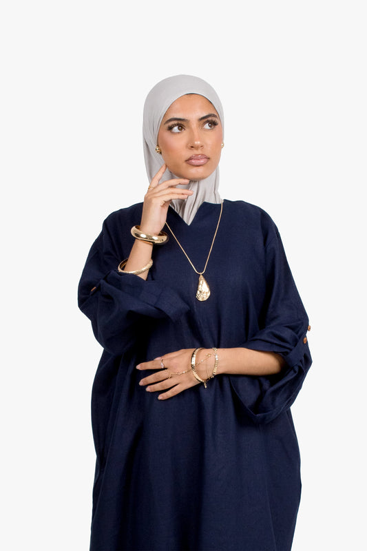 Navy Linen Cotton Button Sleeve Abaya
