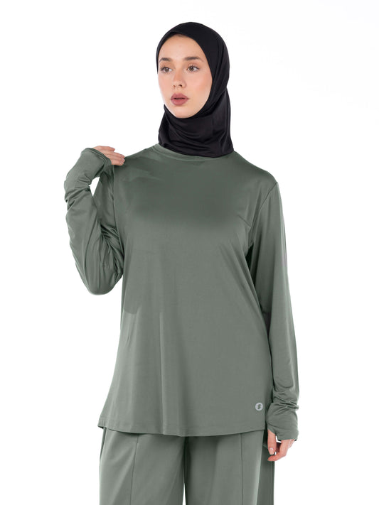 Rawnaqe Long-Sleeve Hi-Dri Sports Top - Sage Gray