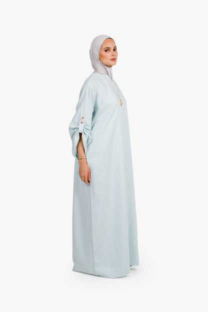 Baby Blue Linen Cotton Button Sleeve Abaya