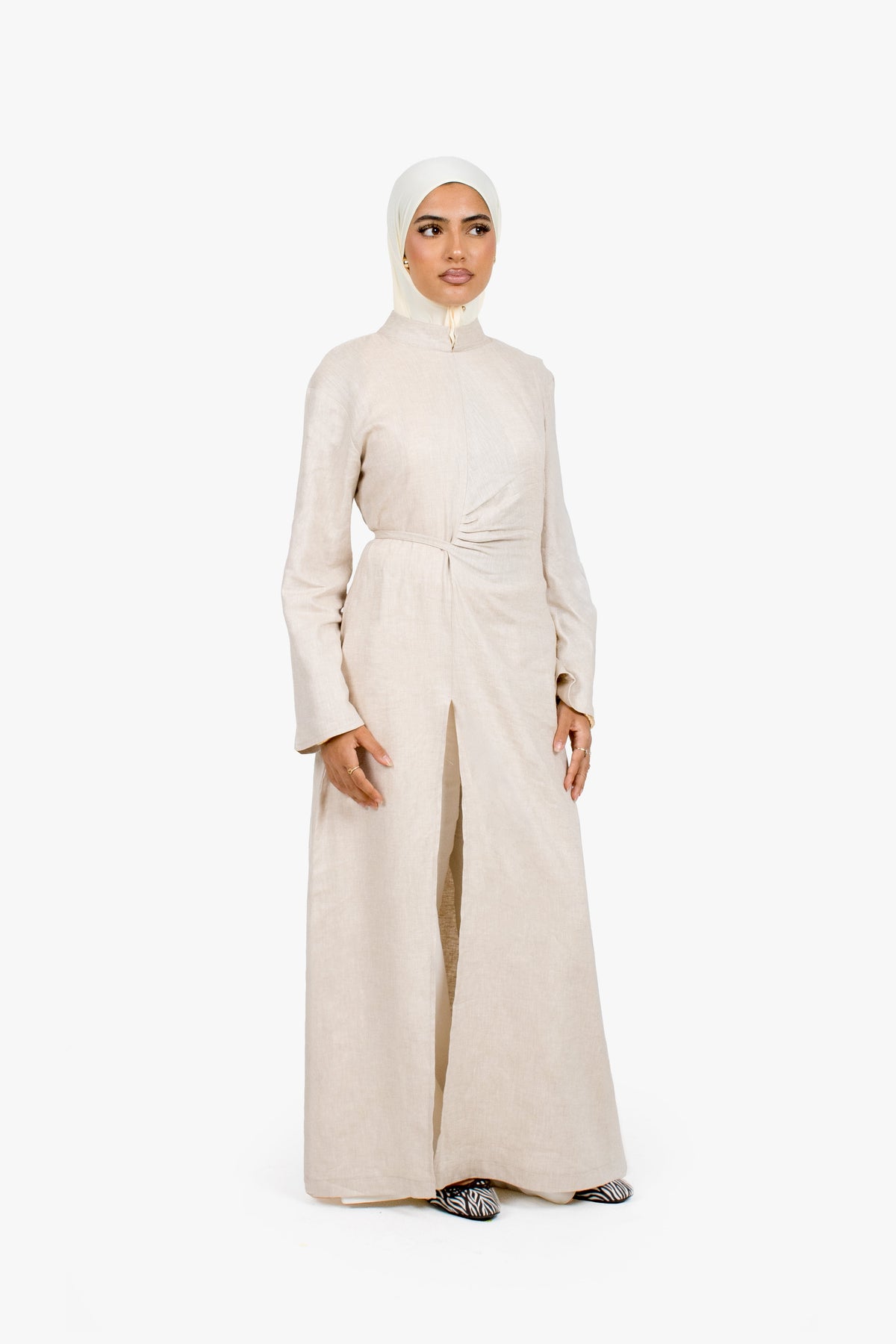 Stone Beige Linen Cotton Ruched Slit Dress