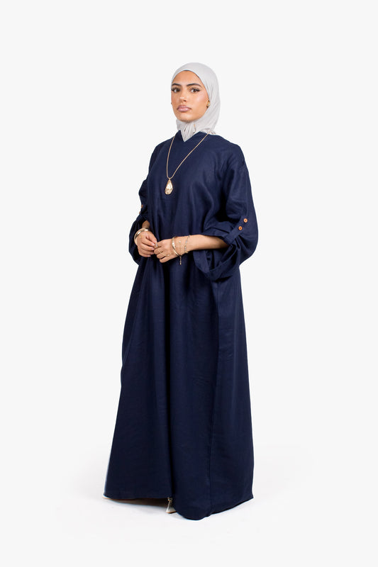 Navy Linen Cotton Button Sleeve Abaya