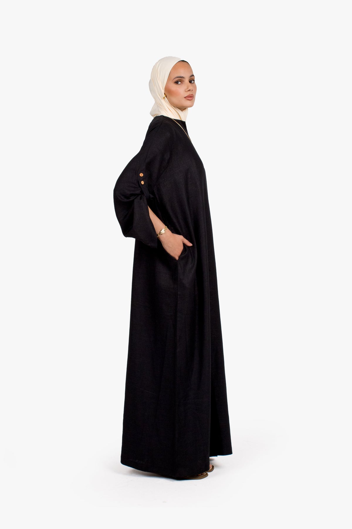 Black Linen Cotton Button Sleeve Abaya