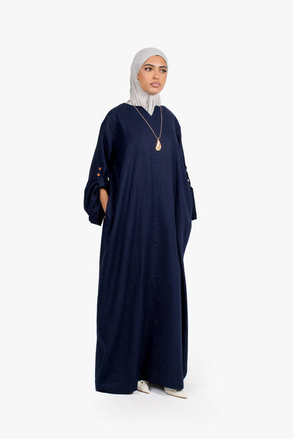 Navy Linen Cotton Button Sleeve Abaya