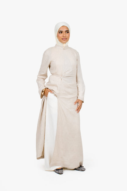 Stone Beige Linen Cotton Ruched Slit Dress