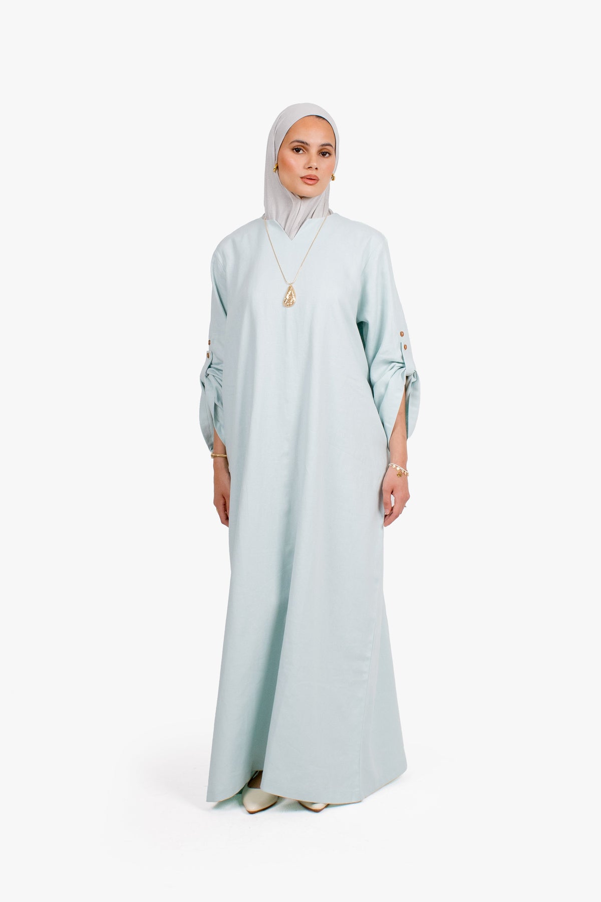 Baby Blue Linen Cotton Button Sleeve Abaya
