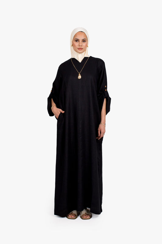 Black Linen Cotton Button Sleeve Abaya