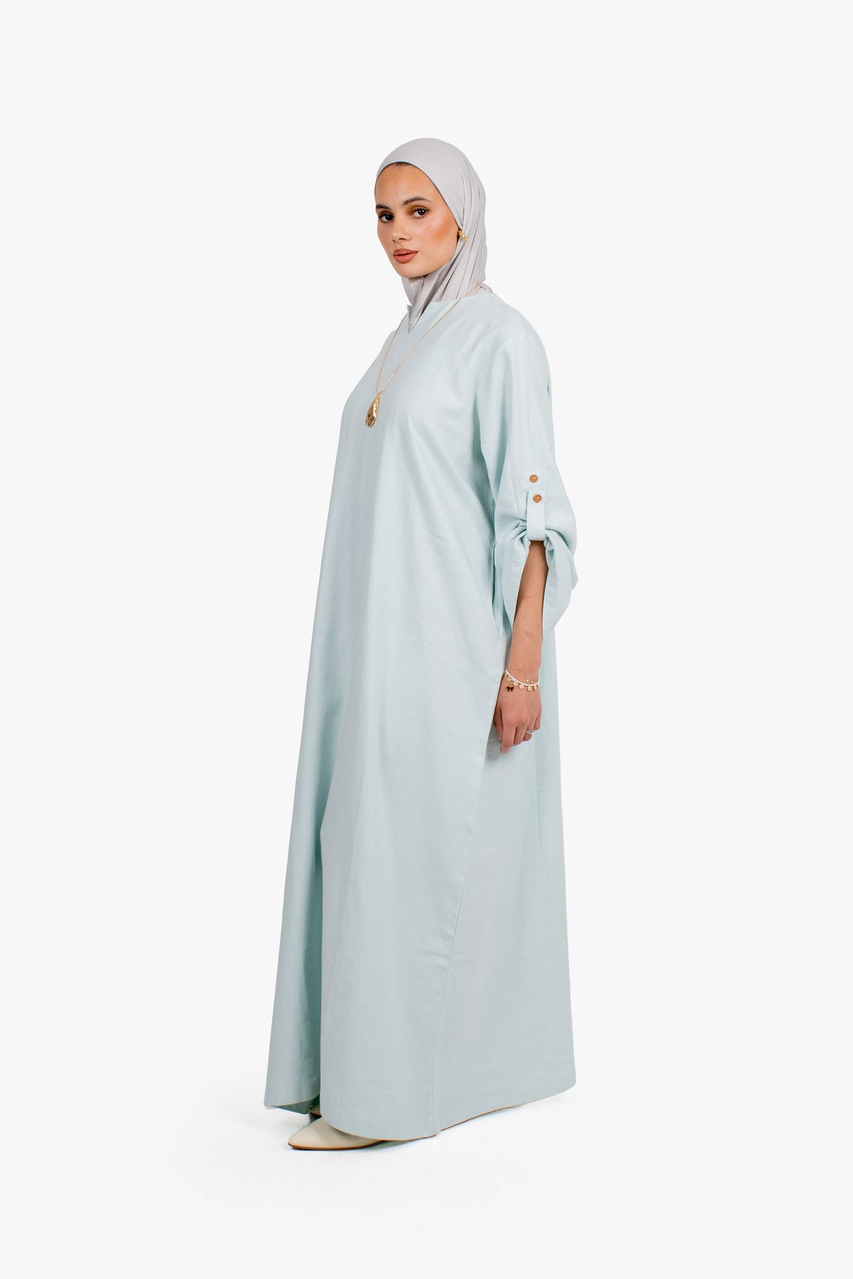 Baby Blue Linen Cotton Button Sleeve Abaya