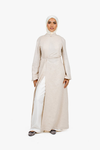 Stone Beige Linen Cotton Ruched Slit Dress