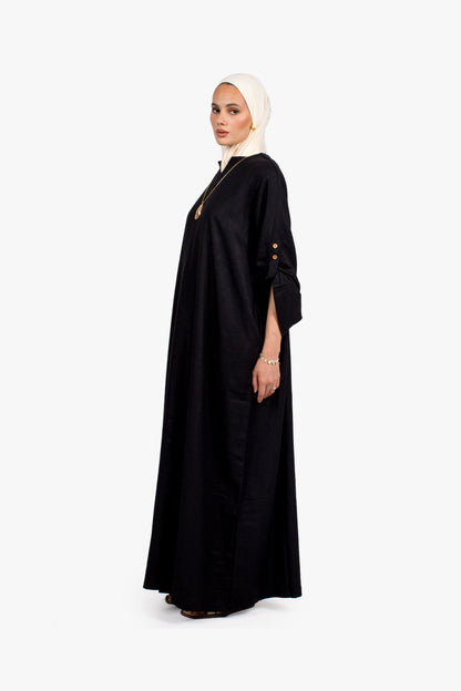 Black Linen Cotton Button Sleeve Abaya