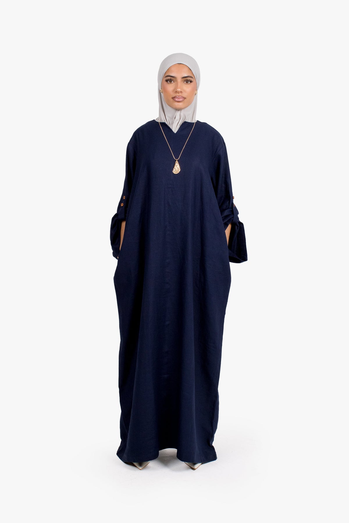 Navy Linen Cotton Button Sleeve Abaya