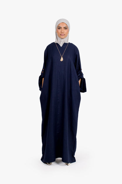 Navy Linen Cotton Button Sleeve Abaya