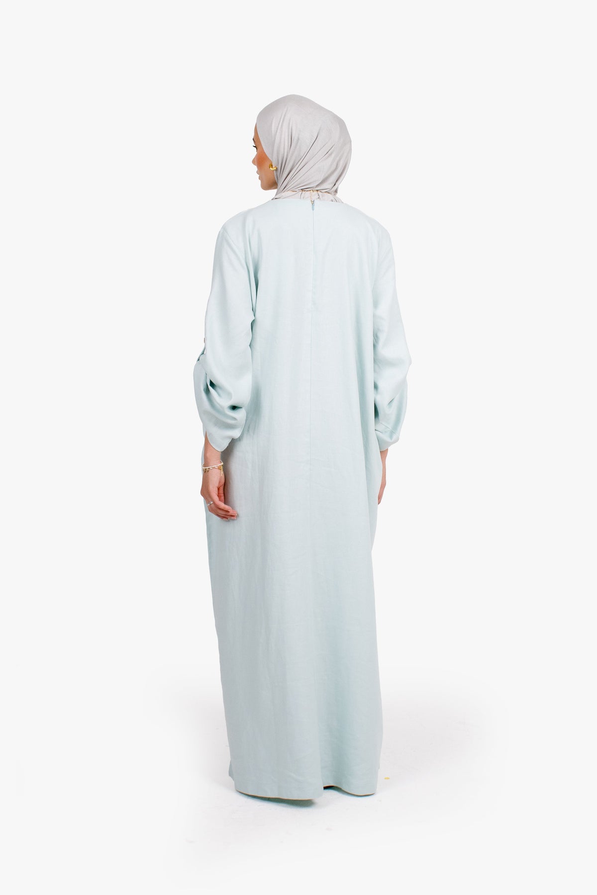 Baby Blue Linen Cotton Button Sleeve Abaya