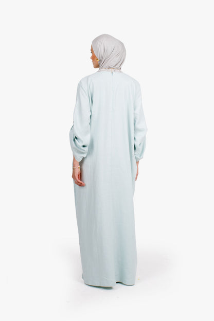 Baby Blue Linen Cotton Button Sleeve Abaya