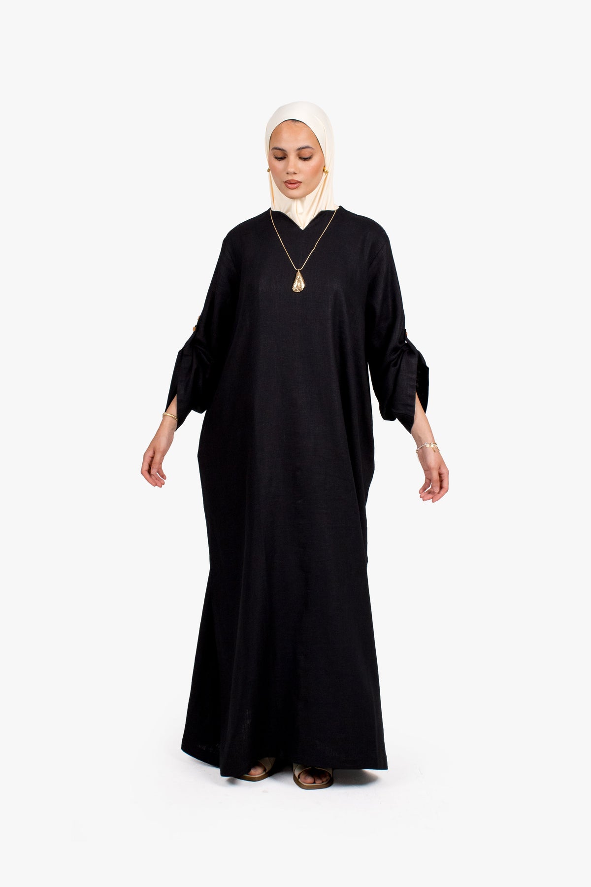 Black Linen Cotton Button Sleeve Abaya