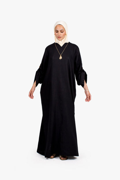 Black Linen Cotton Button Sleeve Abaya