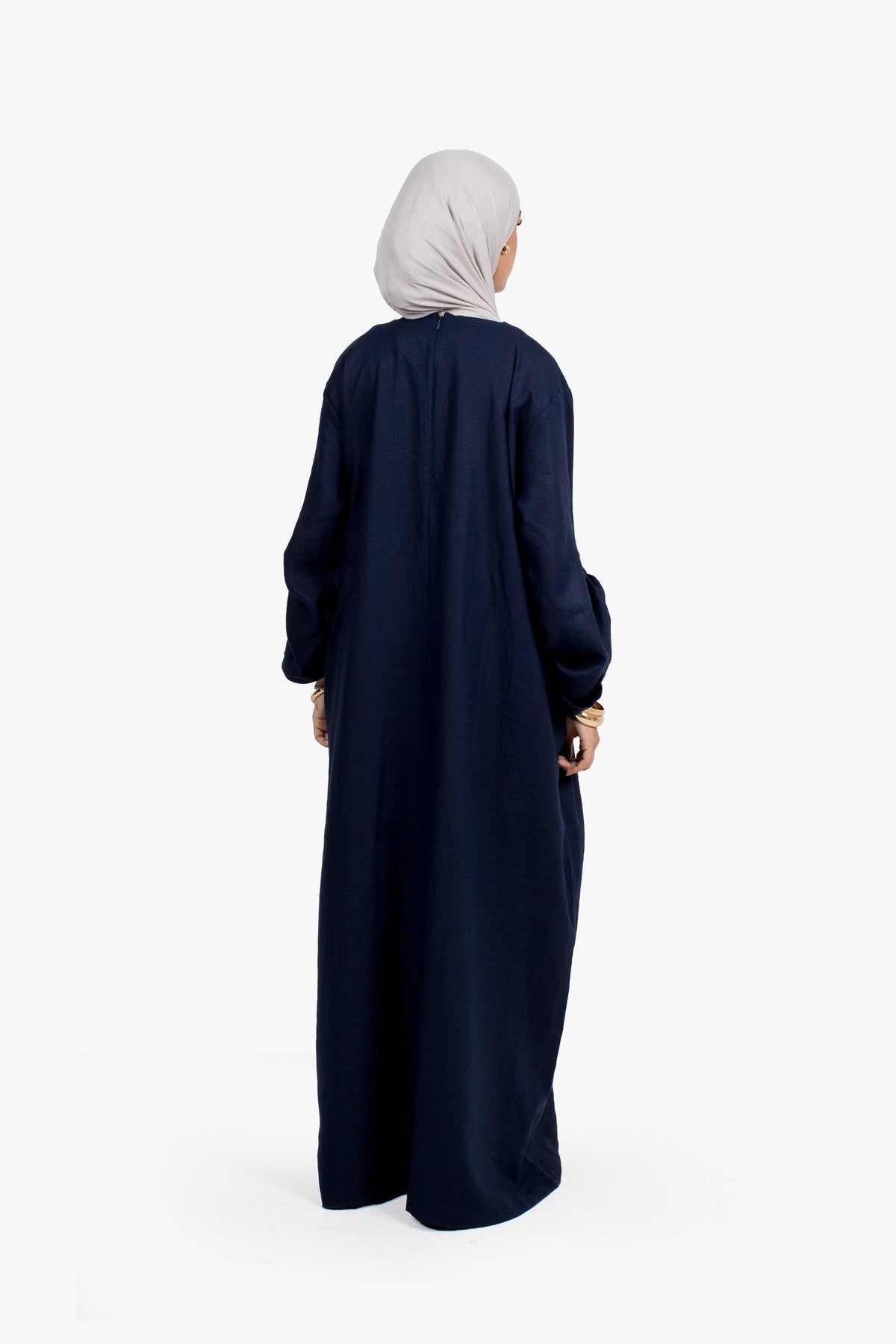 Navy Linen Cotton Button Sleeve Abaya