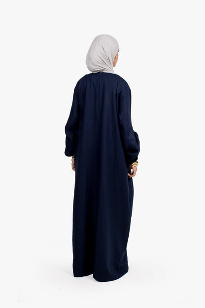 Navy Linen Cotton Button Sleeve Abaya
