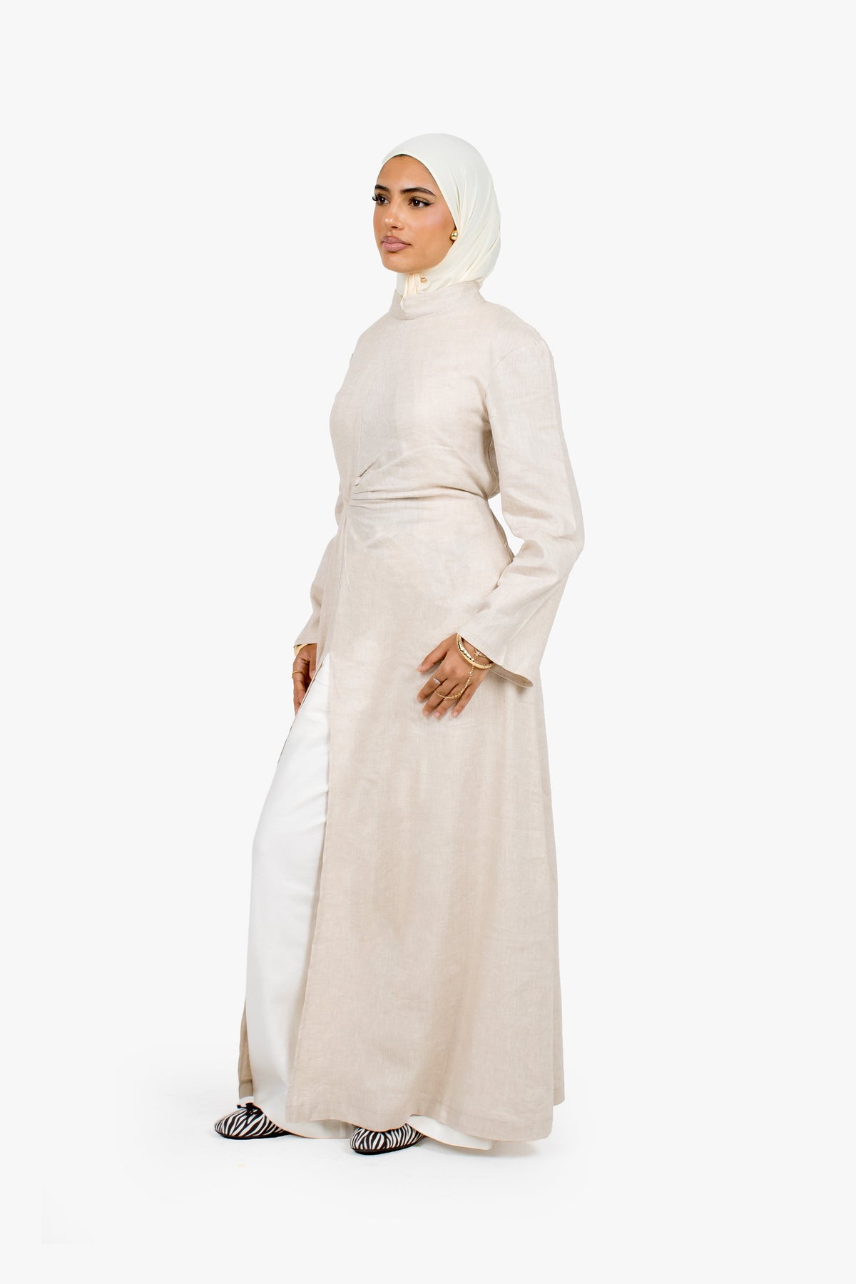 Stone Beige Linen Cotton Ruched Slit Dress