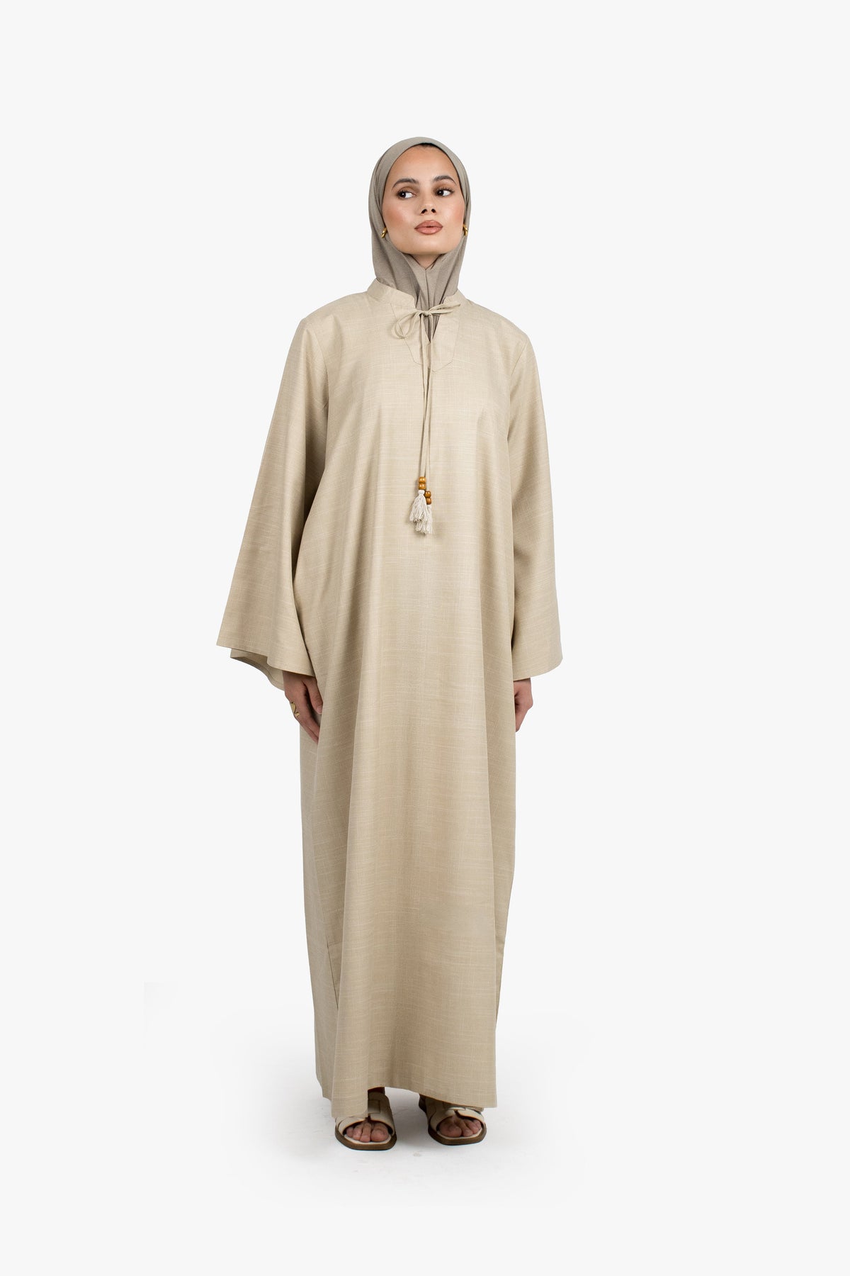 Beige Cotton Blend Tassel Abaya
