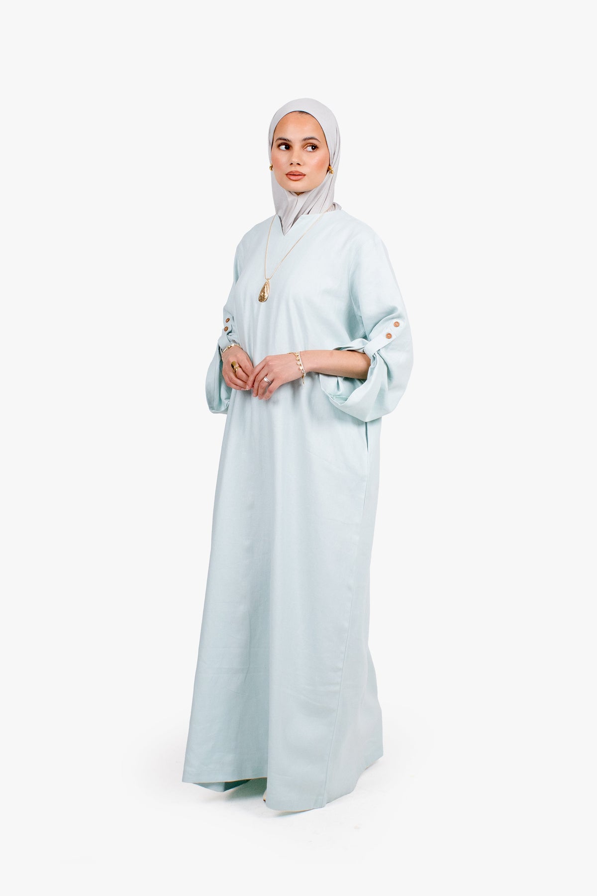 Baby Blue Linen Cotton Button Sleeve Abaya