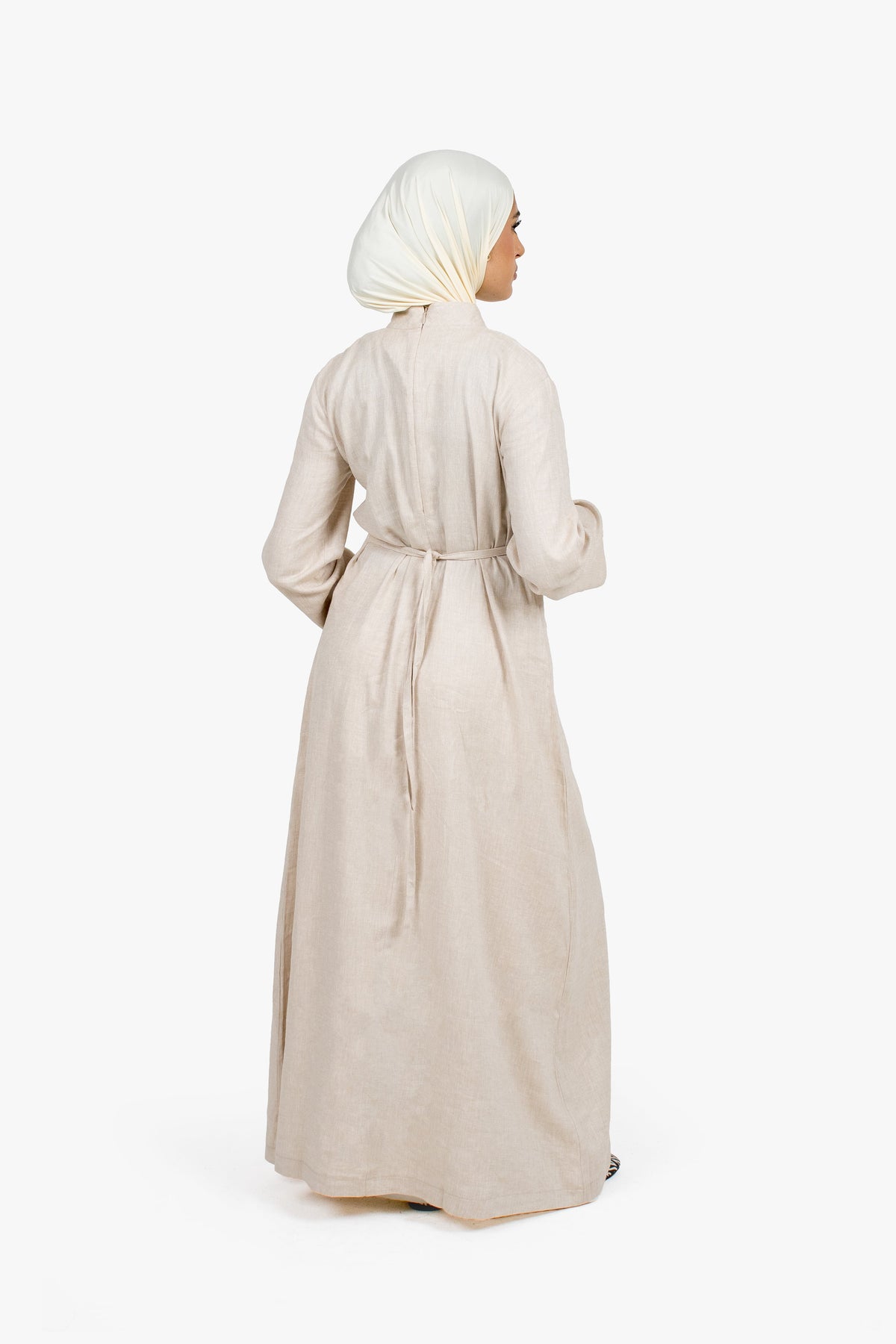 Stone Beige Linen Cotton Ruched Slit Dress
