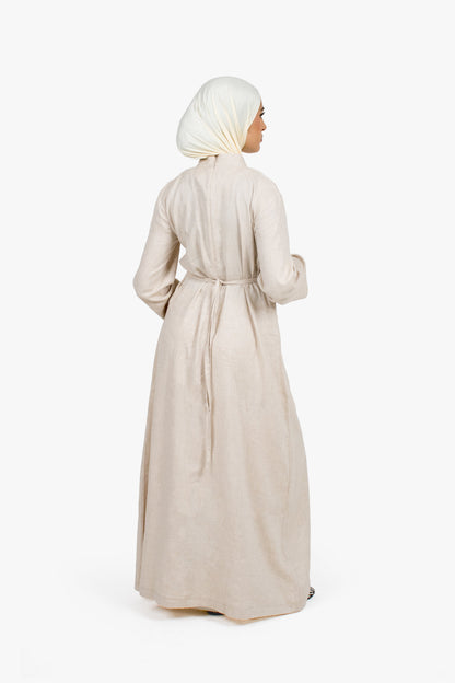 Stone Beige Linen Cotton Ruched Slit Dress