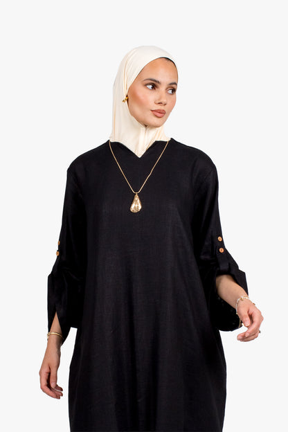 Black Linen Cotton Button Sleeve Abaya