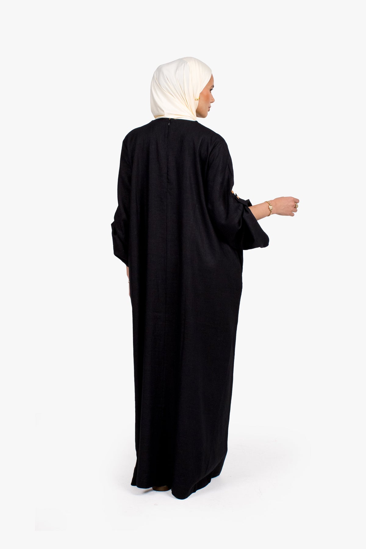 Black Linen Cotton Button Sleeve Abaya
