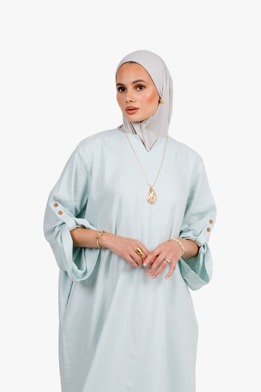 Baby Blue Linen Cotton Button Sleeve Abaya