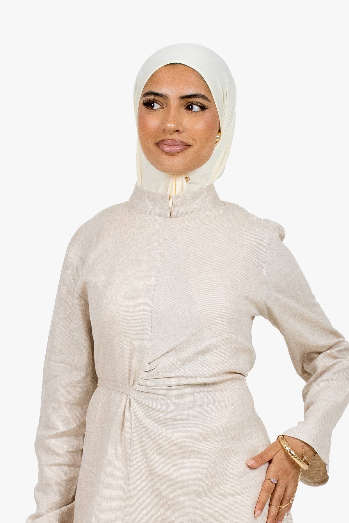 Stone Beige Linen Cotton Ruched Slit Dress