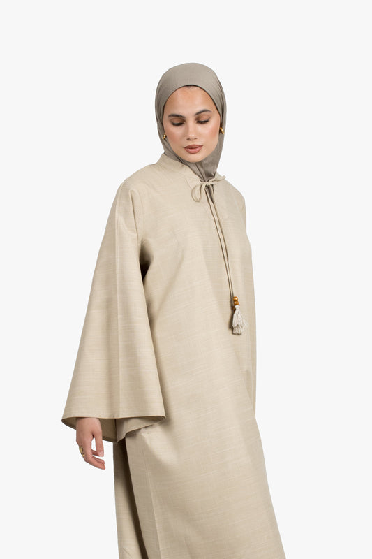 Beige Cotton Blend Tassel Abaya