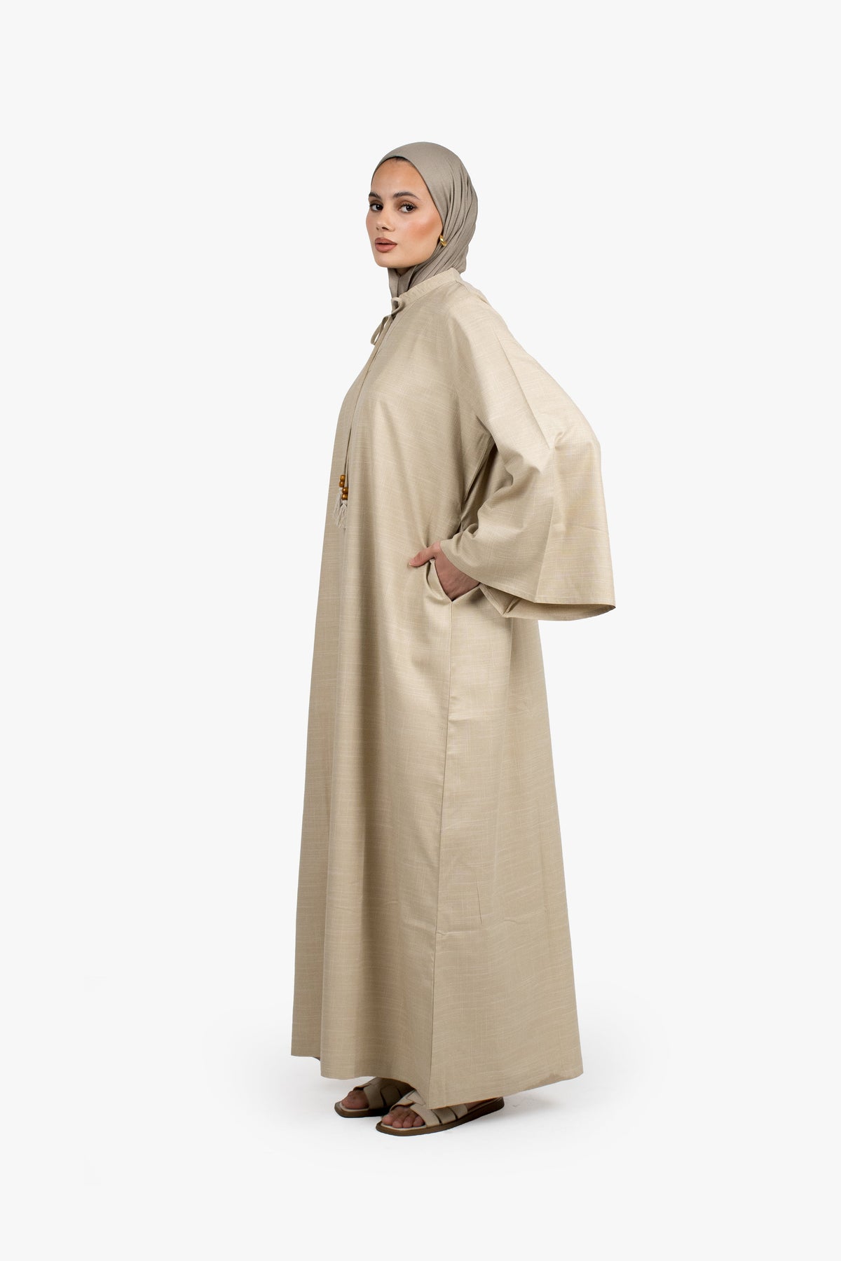Beige Cotton Blend Tassel Abaya