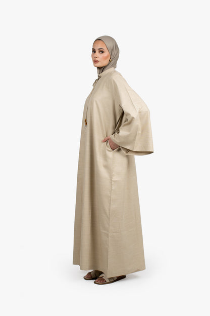 Beige Cotton Blend Tassel Abaya