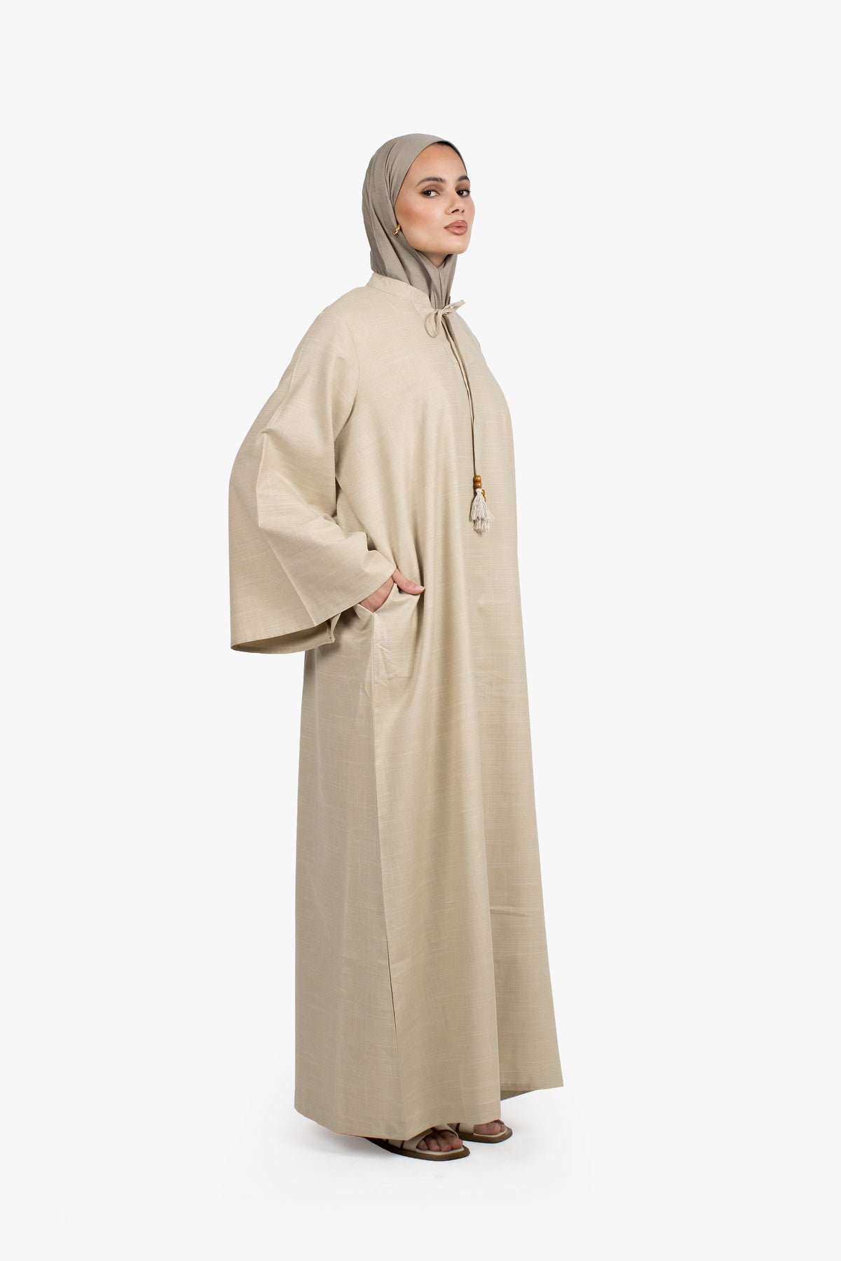 Beige Cotton Blend Tassel Abaya