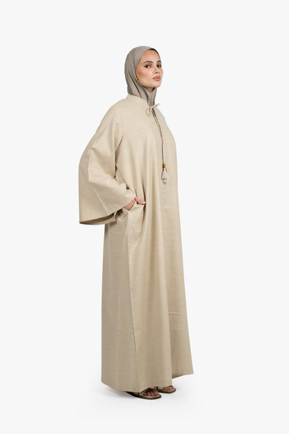 Beige Cotton Blend Tassel Abaya