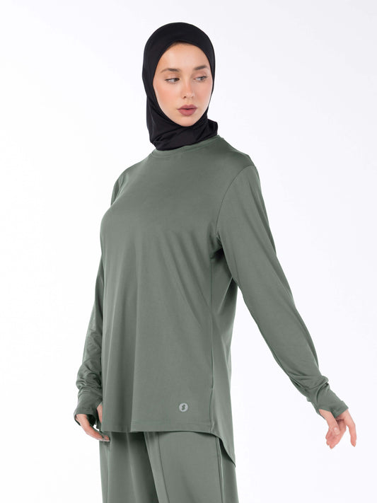 Rawnaqe Long-Sleeve Hi-Dri Sports Top - Sage Gray