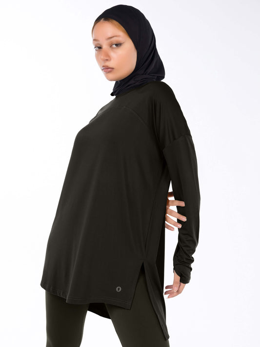 Rawnaqe Long-Sleeve HI-Dri Sports Loose Top - Brown
