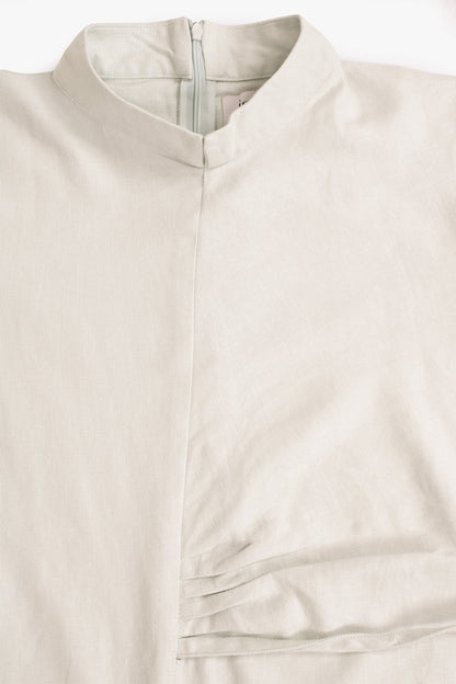 Stone Beige Linen Cotton Ruched Slit Dress