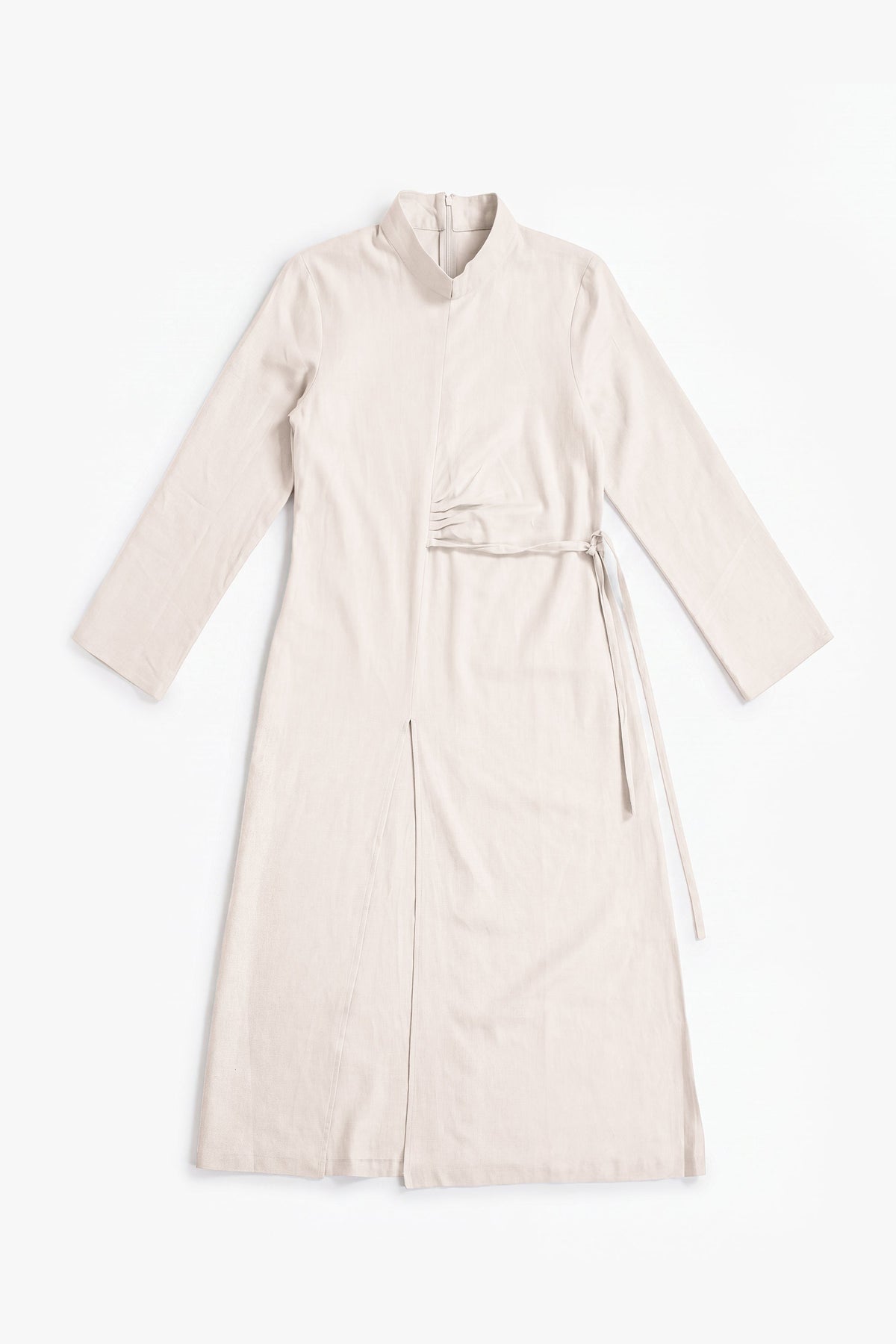 Stone Beige Linen Cotton Ruched Slit Dress