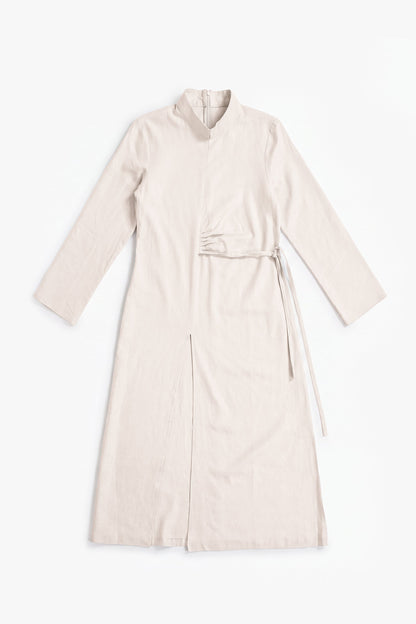 Stone Beige Linen Cotton Ruched Slit Dress