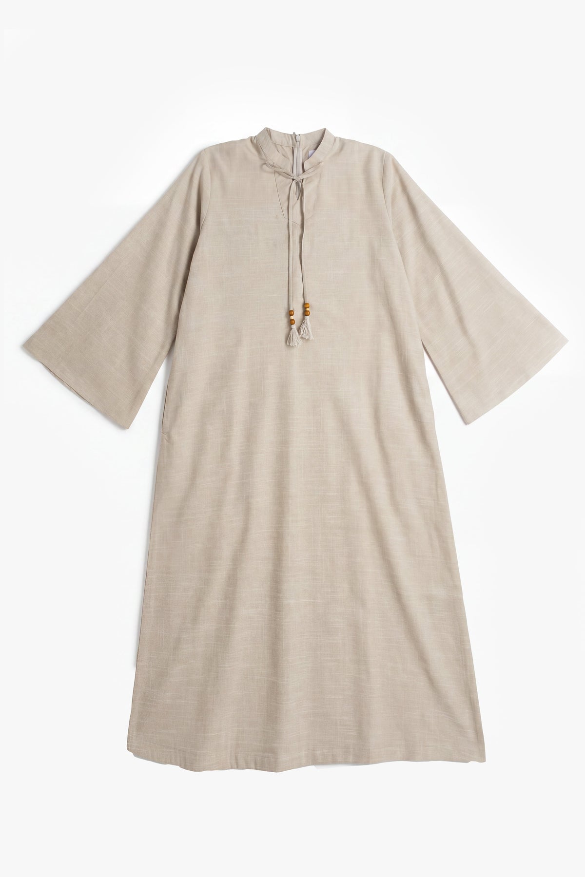 Beige Cotton Blend Tassel Abaya