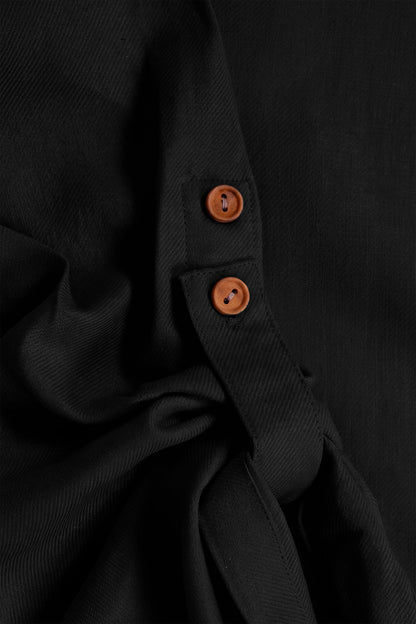 Black Linen Cotton Button Sleeve Abaya
